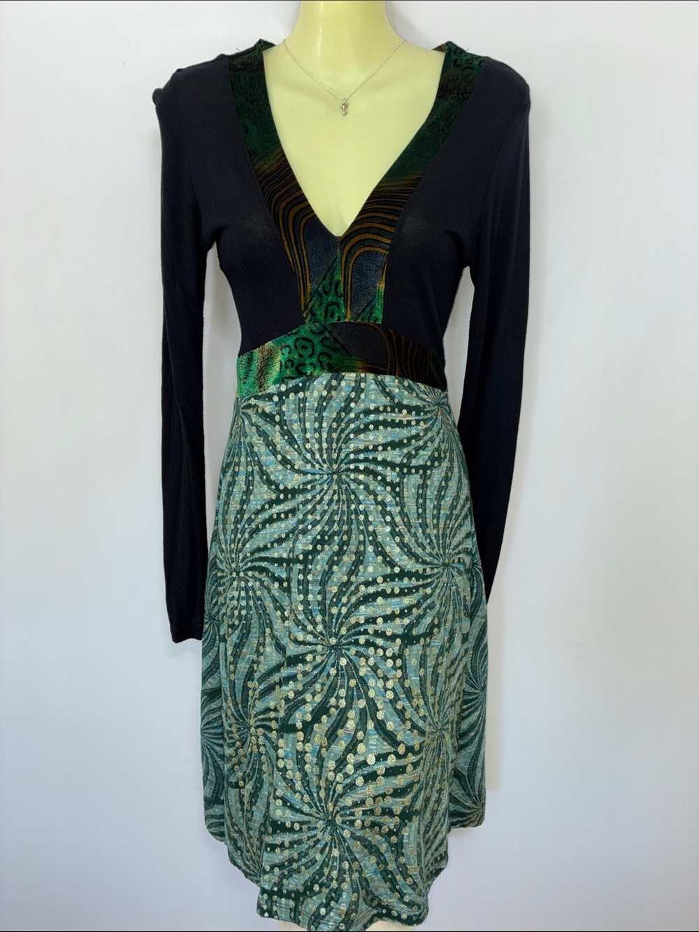 Custo Barcelona Dress Black Top with Emerald Green and Gold Accent Skirt U.S.M